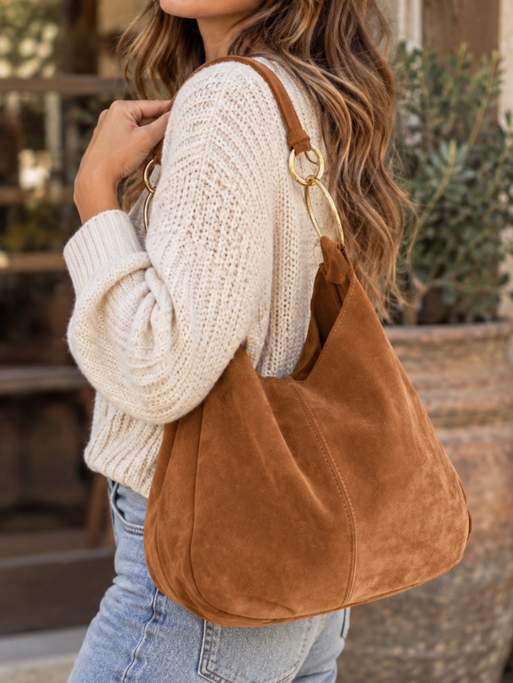 Claudia Firenze Suede Hobo Shoulder Bag Suede with gold accents